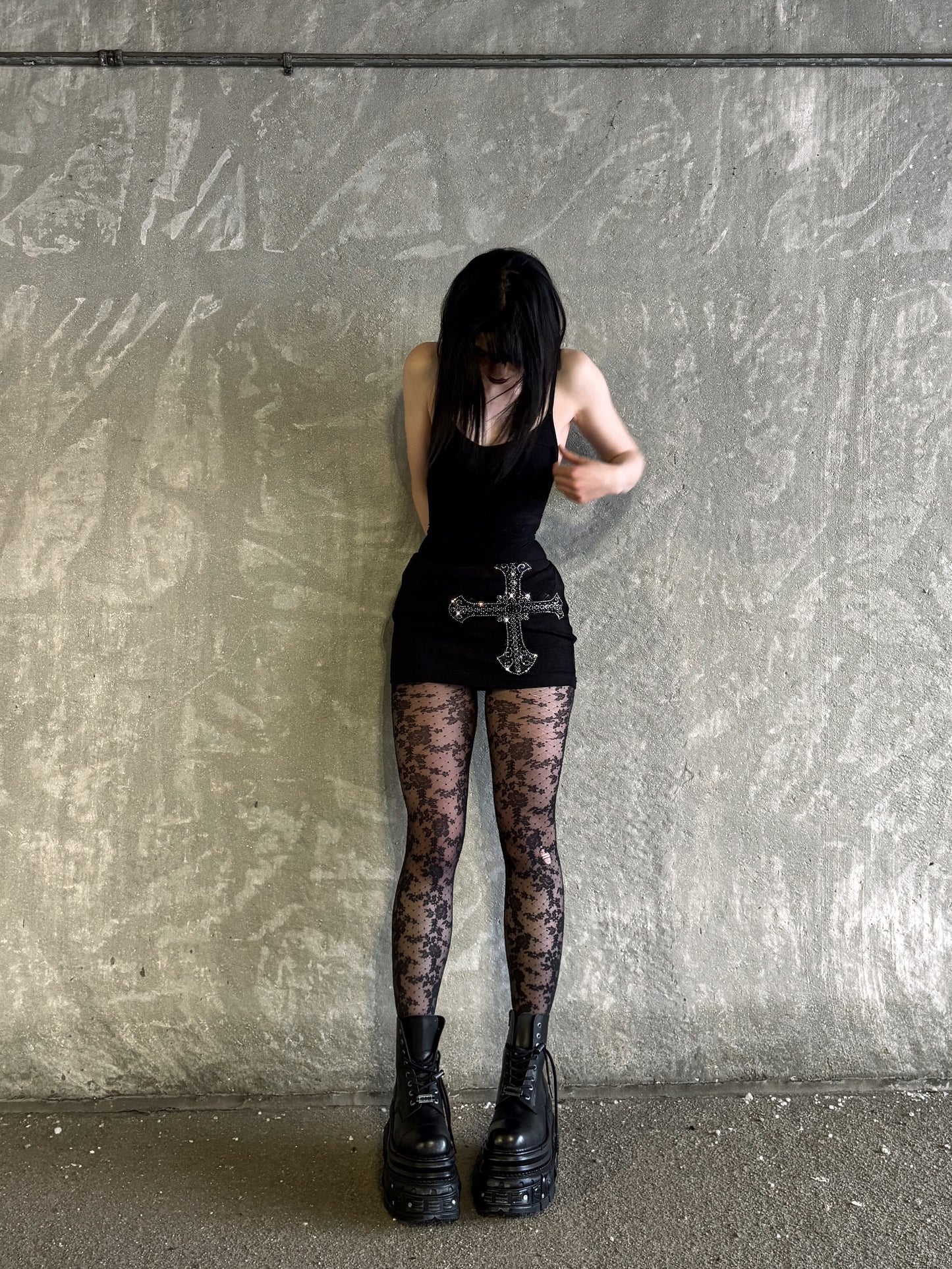RHINESTONE ROSARY MICRO DRESS - BLACK