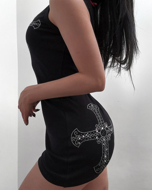 RHINESTONE ROSARY MICRO DRESS - BLACK